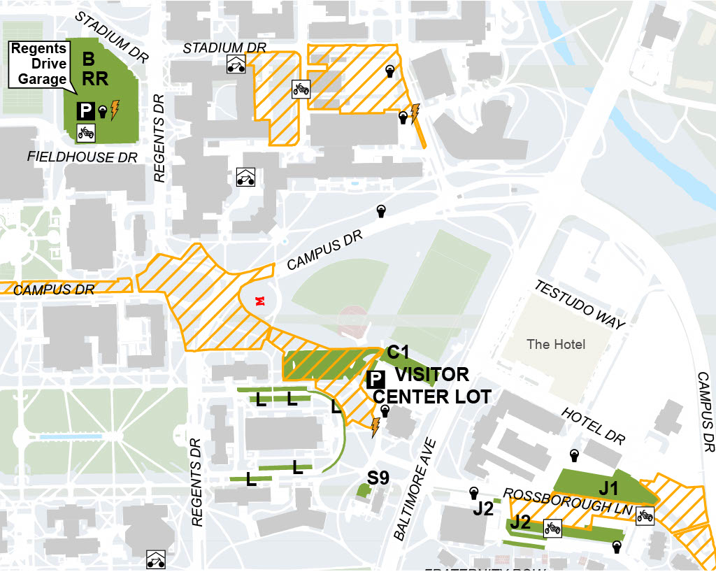 Parking map with Lots highlighted to indicate construction and free parking on weekend spaces