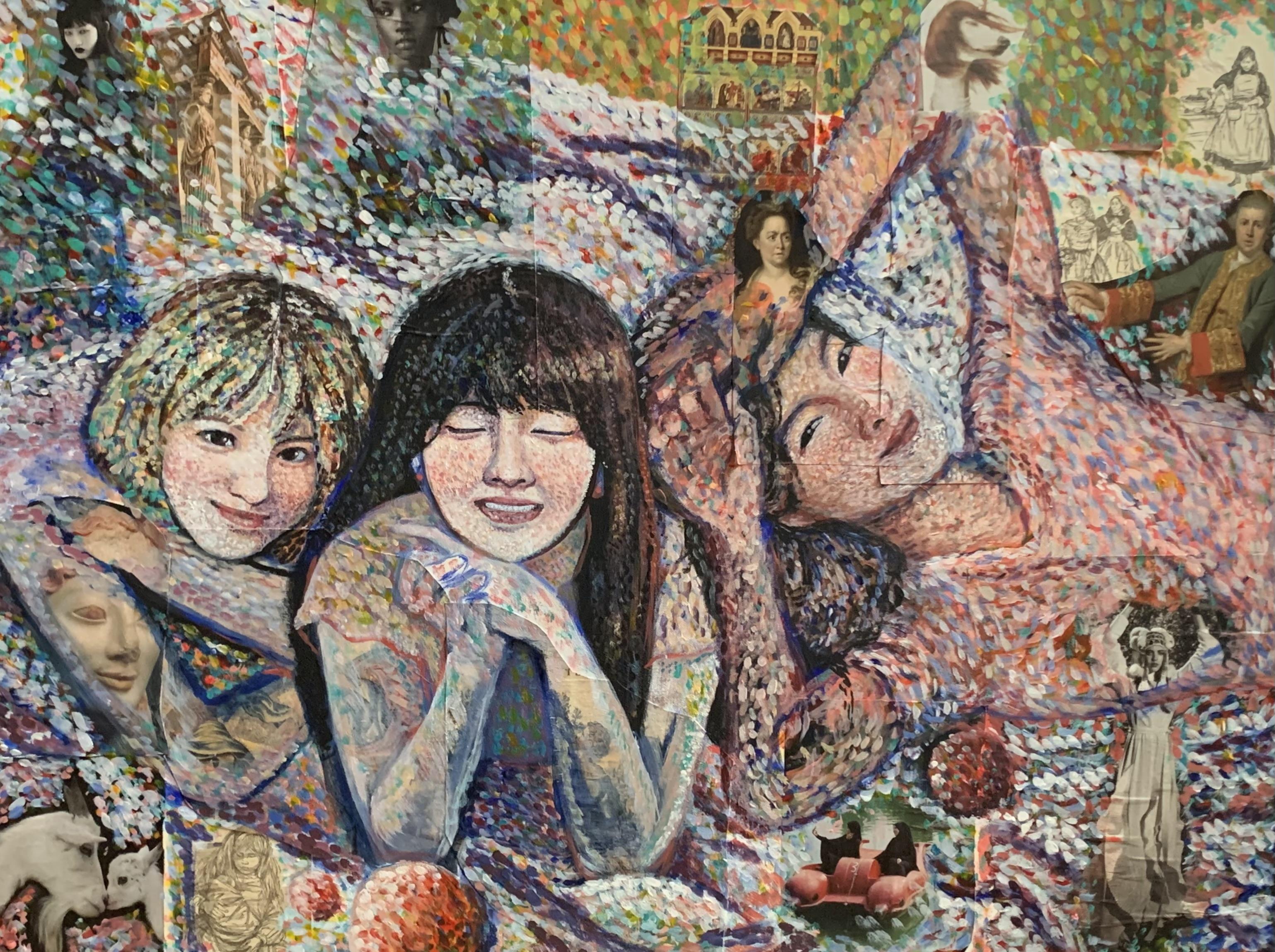 Painted portait of three young women at a picnic